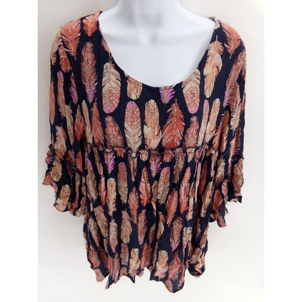 NWOT Agnes & Dora Sway top Feather Print Ruffle Tunic Small blue and pink - Picture 2 of 8
